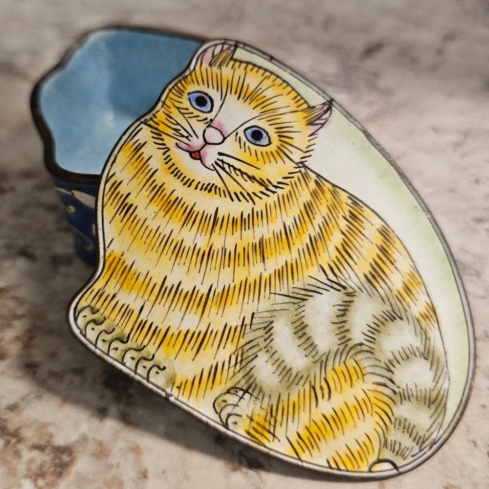 Cat‎ Trinket Floral Tabby Yellow Jewelry Ring Box Gift Funky Dopamine Maximalist